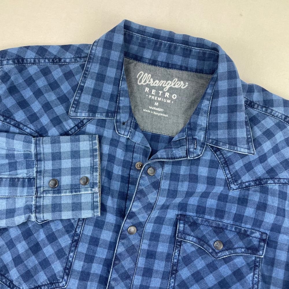 Wrangler Retro Premium Mens Blue Buffalo Check Western Snap Shirt MVR462D M